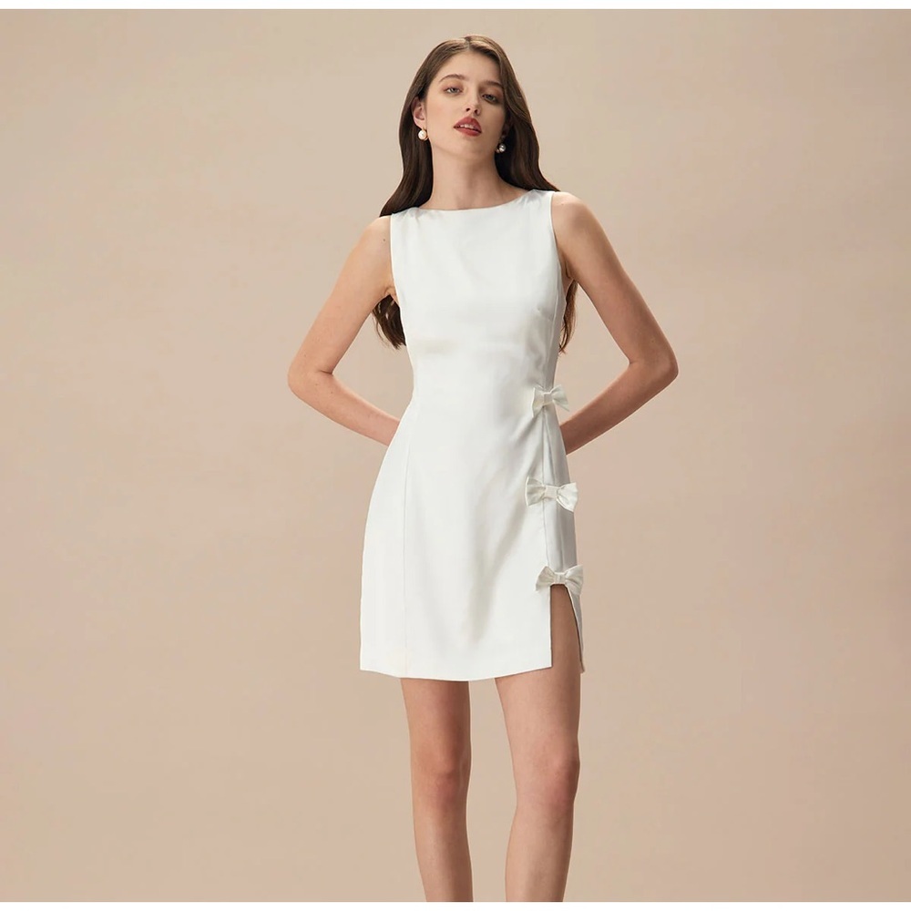 RIHOAS The White Boat Neck Bowknot Satin Mini Dress